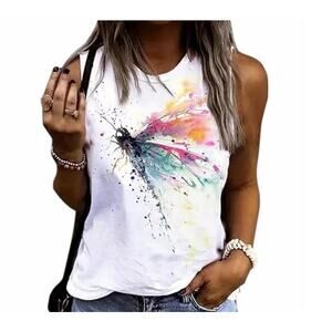 Women's Small White Mulitcolor Dragonfly Print Sleeveless Round Neck Loose Tank